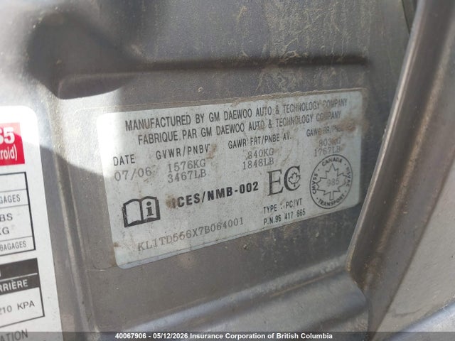 Продаж на аукціоні авто 2007 Chevrolet Aveo Ls, vin: KL1TD556X7B064001, номер лоту: 40067906