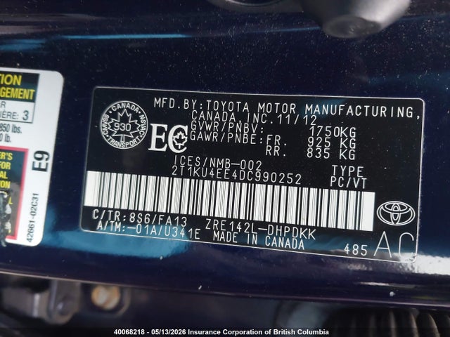 40068218 :رقم المزاد ، 2T1KU4EE4DC990252 vin ، 2013 Toyota Matrix مزاد بيع