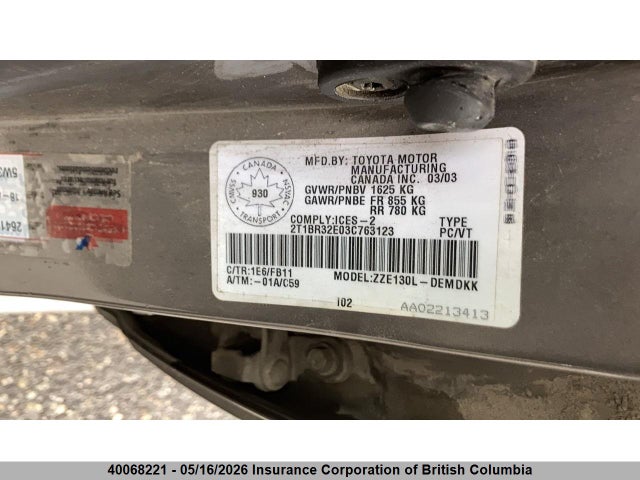 40068221 :رقم المزاد ، 2T1BR32E03C763123 vin ، 2003 Toyota Corolla Ce/le/sport مزاد بيع