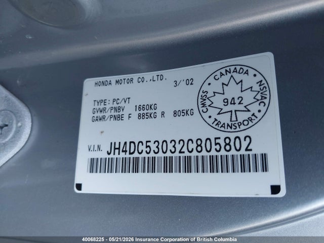 40068225 :رقم المزاد ، JH4DC53032C805802 vin ، 2002 Acura Rsx مزاد بيع