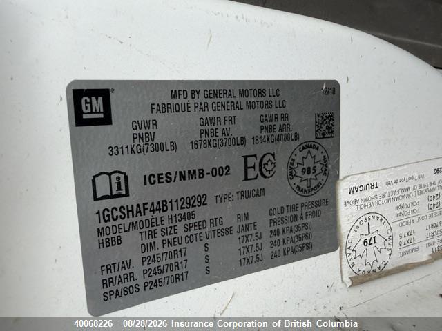 Aukcja sprzedaży 2011 Chevrolet Express G1500, vin: 1GCSHAF44B1129292, numer aukcji: 40068226