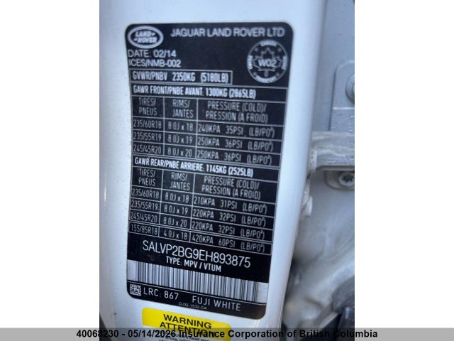 SALVP2BG9EH893875 Land Rover Range Rover Evoque Pure Plus