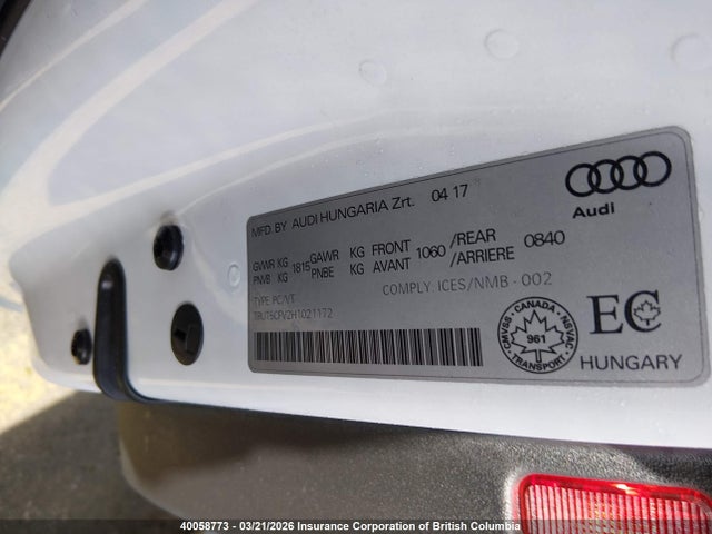 2017 Audi Tt მანქანა იყიდება აუქციონზე, vin: TRUT5CFV2H1021172, აუქციონის ნომერი: 40058773