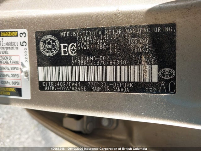 40068246 :رقم المزاد ، 2T1BR32E87C784310 vin ، 2007 Toyota Corolla Ce/le/s مزاد بيع