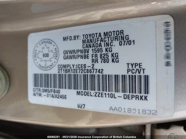Aukcja sprzedaży 2002 Toyota Corolla Ce/le/s, vin: 2T1BR12E72C867742, numer aukcji: 40068251