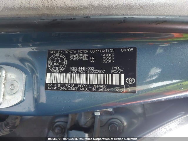 Продаж на аукціоні авто 2008 Toyota Yaris, vin: JTDKT923485200907, номер лоту: 40068270