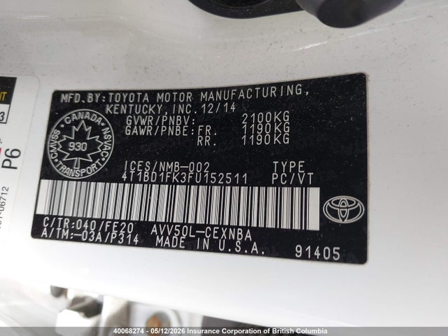 40068274 :رقم المزاد ، 4T1BD1FK3FU152511 vin ، 2015 Toyota Camry مزاد بيع
