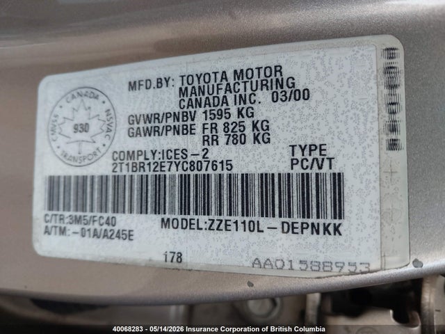 Продаж на аукціоні авто 2000 Toyota Corolla Ve/ce/le, vin: 2T1BR12E7YC807615, номер лоту: 40068283