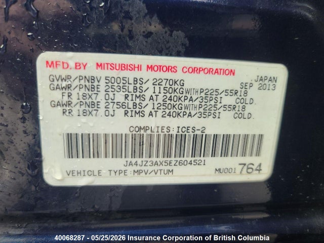 40068287 :رقم المزاد ، JA4JZ3AX5EZ604521 vin ، 2014 Mitsubishi Outlander Se مزاد بيع
