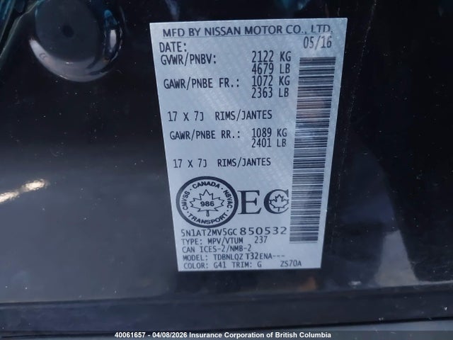5N1AT2MV5GC850532 Nissan Rogue S/sl/sv