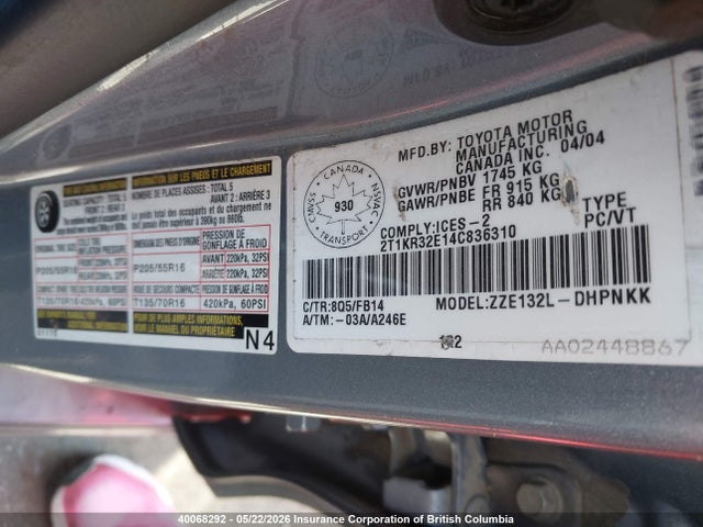 40068292 :رقم المزاد ، 2T1KR32E14C836310 vin ، 2004 Toyota Corolla Matrix Xr مزاد بيع