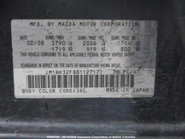 Aukcja sprzedaży 2008 Mazda 3 I, vin: JM1BK32F881127171, numer aukcji: 40068294