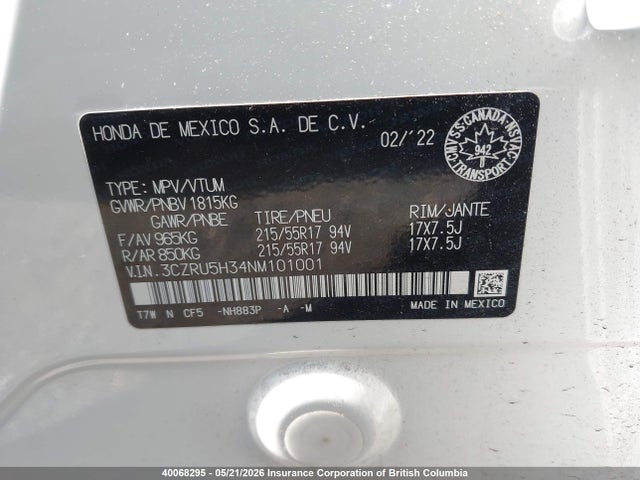 3CZRU5H34NM101001 Honda HR-V