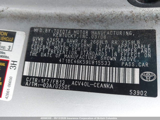 40068300 :رقم المزاد ، 4T1BE46K59U815533 vin ، 2009 Toyota Camry مزاد بيع