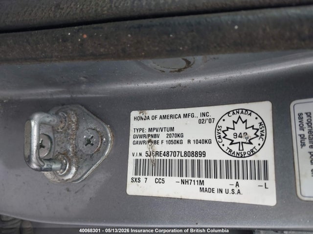 40068301 :رقم المزاد ، 5J6RE48707L808899 vin ، 2007 Honda Cr-v مزاد بيع
