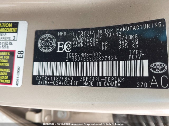 40068302 :رقم المزاد ، 2T1BU4EE5CC827124 vin ، 2012 Toyota Corolla Ce مزاد بيع