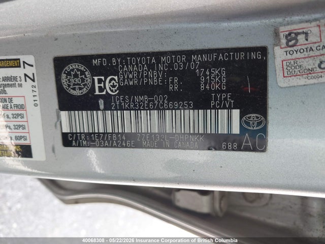 40068308 :رقم المزاد ، 2T1KR32E67C669253 vin ، 2007 Toyota Corolla Matrix Xr مزاد بيع