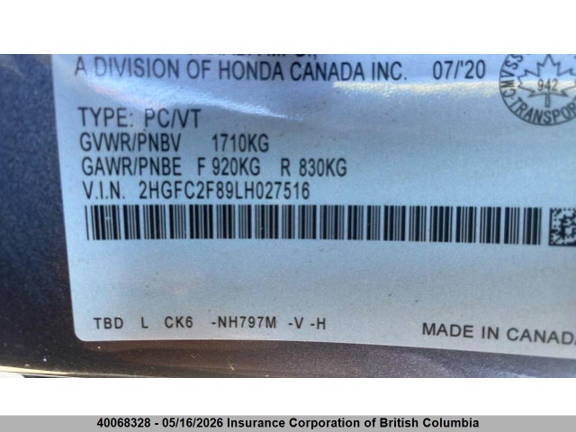 Продаж на аукціоні авто 2020 Honda Civic, vin: 2HGFC2F89LH027516, номер лоту: 40068328