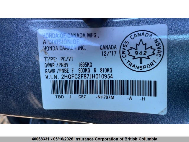 Продаж на аукціоні авто 2018 Honda Civic, vin: 2HGFC2F87JH010954, номер лоту: 40068331