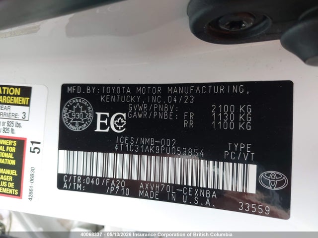 40068337 :رقم المزاد ، 4T1C31AK9PU053854 vin ، 2023 Toyota Camry مزاد بيع