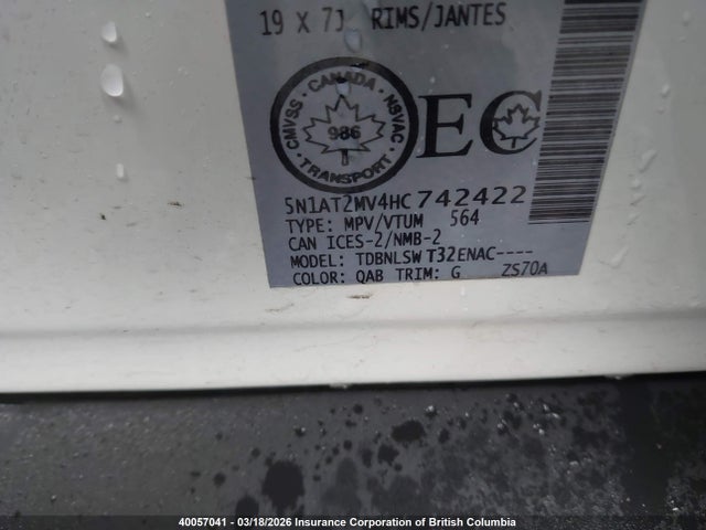 5N1AT2MV4HC742422 Nissan Rogue Sv/sl