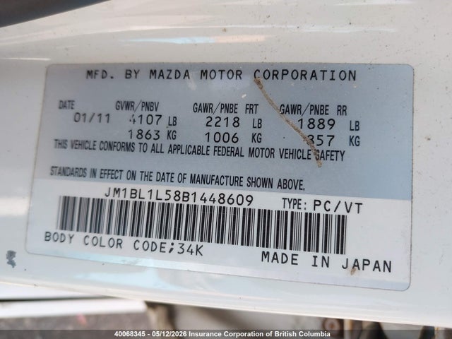 40068345 :رقم المزاد ، JM1BL1L58B1448609 vin ، 2011 Mazda Mazda3 Gs مزاد بيع
