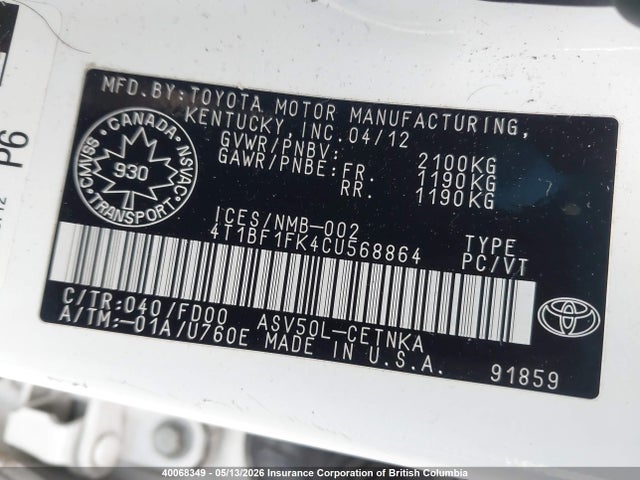40068349 :رقم المزاد ، 4T1BF1FK4CU568864 vin ، 2012 Toyota Camry مزاد بيع