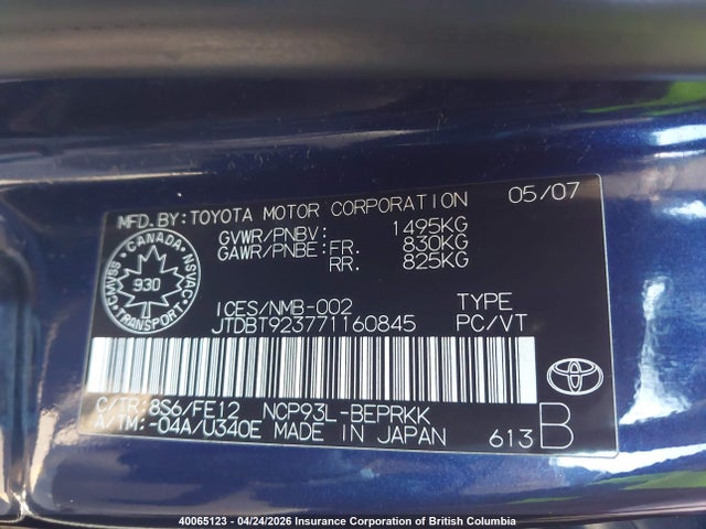 40065123 :رقم المزاد ، JTDBT923771160845 vin ، 2007 Toyota Yaris مزاد بيع