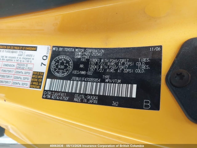 40063836 :رقم المزاد ، JTEBU11F470055854 vin ، 2007 Toyota Fj Cruiser مزاد بيع