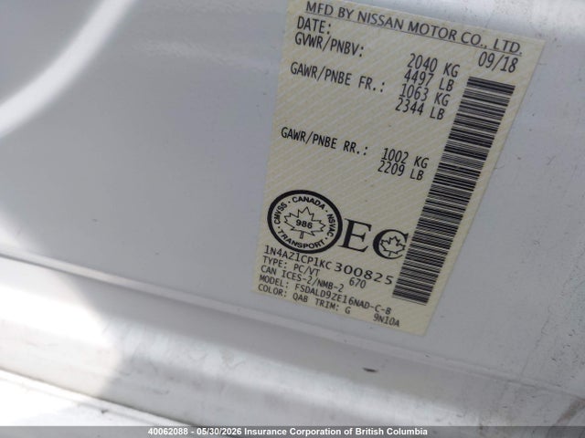 Aukcja sprzedaży 2019 Nissan Leaf S/sl/sv, vin: 1N4AZ1CP1KC300825, numer aukcji: 40062088
