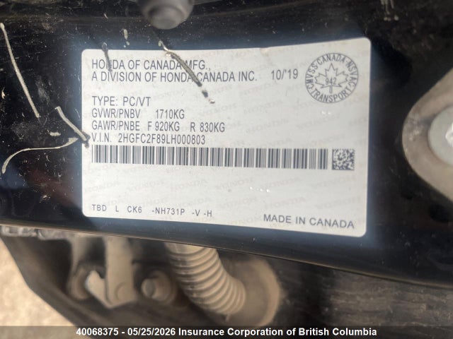 40068375 :رقم المزاد ، 2HGFC2F89LH000803 vin ، 2020 Honda Civic مزاد بيع