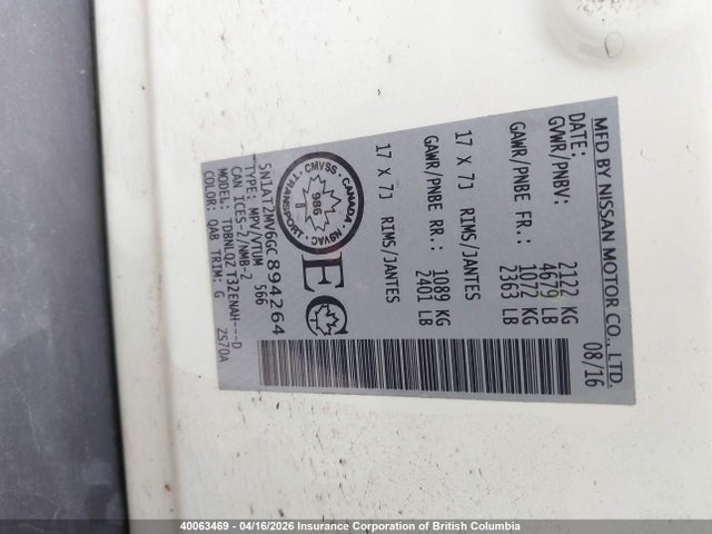 5N1AT2MV6GC894264 Nissan Rogue S/sl/sv