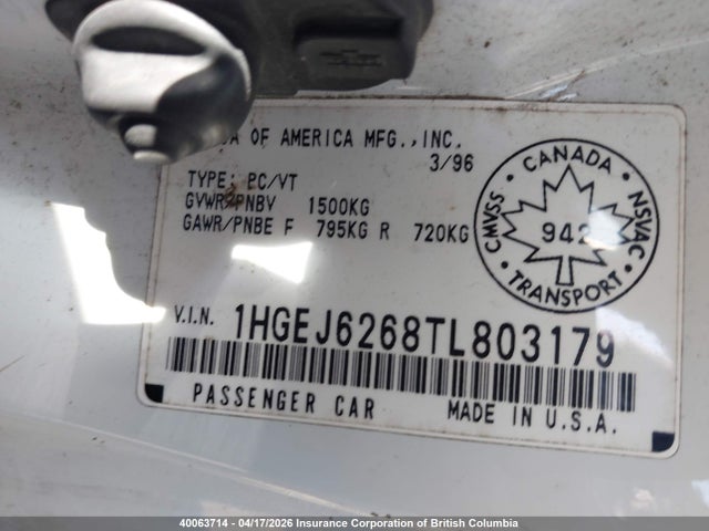 Aukcja sprzedaży 1996 Honda Civic Dx, vin: 1HGEJ6268TL803179, numer aukcji: 40063714