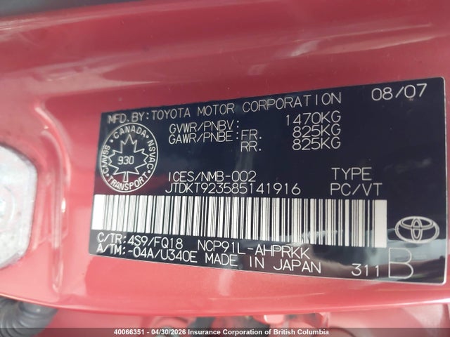 40066351 :رقم المزاد ، JTDKT923585141916 vin ، 2008 Toyota Yaris مزاد بيع