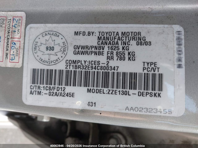 40063946 :رقم المزاد ، 2T1BR32E94C800347 vin ، 2004 Toyota Corolla Ce/le/s مزاد بيع