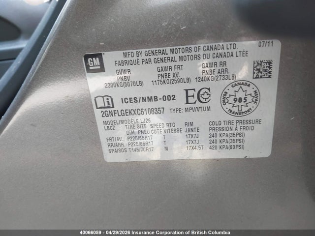2012 Chevrolet Equinox Ltz მანქანა იყიდება აუქციონზე, vin: 2GNFLGEKXC6108357, აუქციონის ნომერი: 40066059