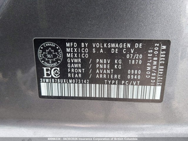 Продаж на аукціоні авто 2020 Volkswagen Jetta Sel, vin: 3VWEB7BUXLM073142, номер лоту: 40066334