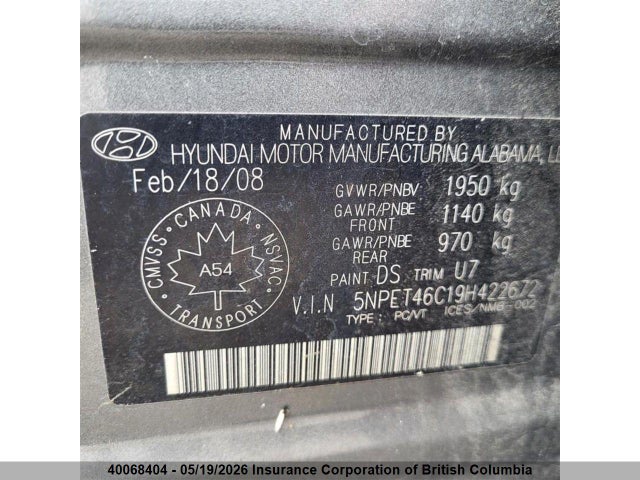 Продажа на аукционе авто 2009 Hyundai Sonata Gls, vin: 5NPET46C19H422672, номер лота: 40068404