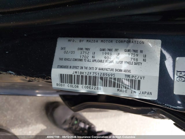 40067709 :رقم المزاد ، JM1BK12F751289695 vin ، 2005 Mazda 3 I مزاد بيع