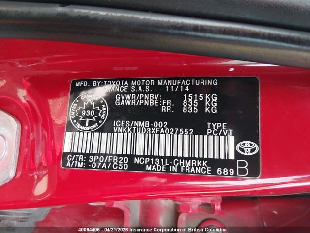 40064405 :رقم المزاد ، VNKKTUD3XFA027552 vin ، 2015 Toyota Yaris مزاد بيع