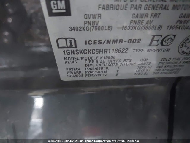 1GNSKGKC6HR118622 Chevrolet Suburban K1500 Ls