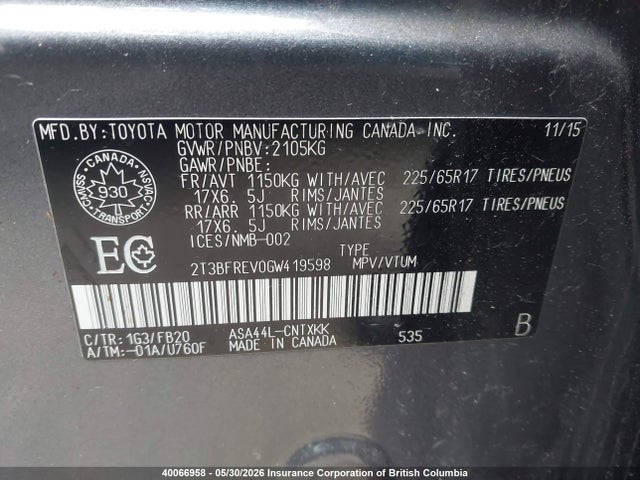 2T3BFREV0GW419598 Toyota RAV4 LE