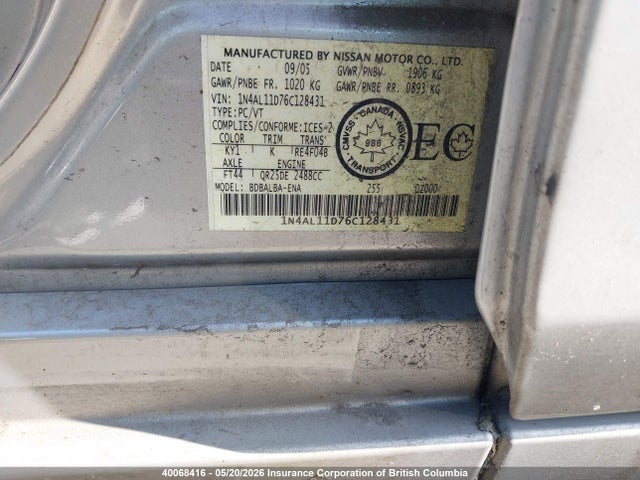 Продаж на аукціоні авто 2006 Nissan Altima S/sl, vin: 1N4AL11D76C128431, номер лоту: 40068416