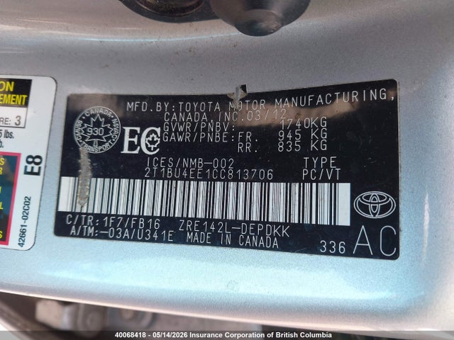 40068418 :رقم المزاد ، 2T1BU4EE1CC813706 vin ، 2012 Toyota Corolla S/le مزاد بيع