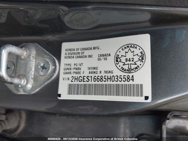 2005 Honda Civic მანქანა იყიდება აუქციონზე, vin: 2HGES16685H035584, აუქციონის ნომერი: 40068420