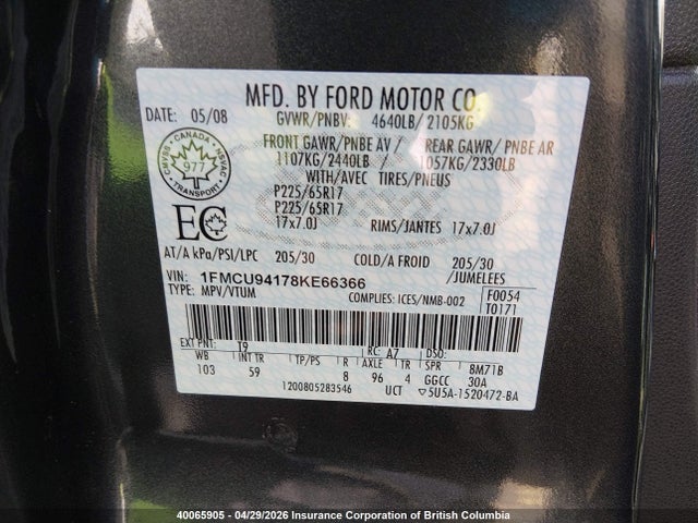 Продажа на аукционе авто 2008 Ford Escape Limited, vin: 1FMCU94178KE66366, номер лота: 40065905