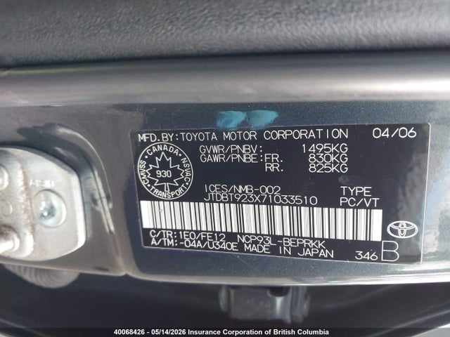 40068426 :رقم المزاد ، JTDBT923X71033510 vin ، 2007 Toyota Yaris مزاد بيع