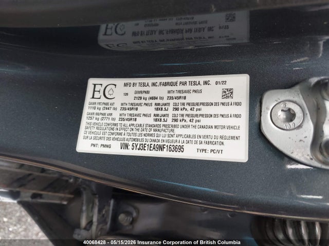 Aukcja sprzedaży 2022 Tesla Model 3, vin: 5YJ3E1EA9NF163695, numer aukcji: 40068428