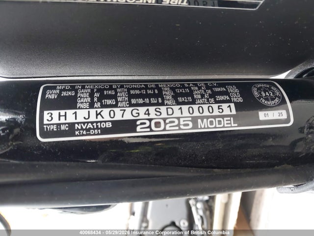 40068434 :رقم المزاد ، 3H1JK07G4SD100051 vin ، 2025 Honda Navi مزاد بيع