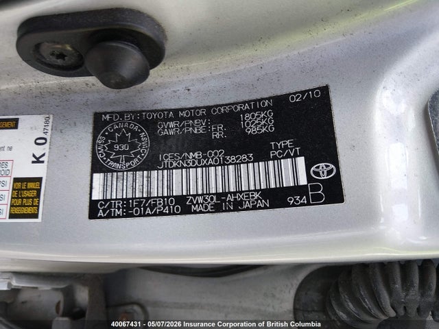 40067431 :رقم المزاد ، JTDKN3DUXA0138283 vin ، 2010 Toyota Prius مزاد بيع